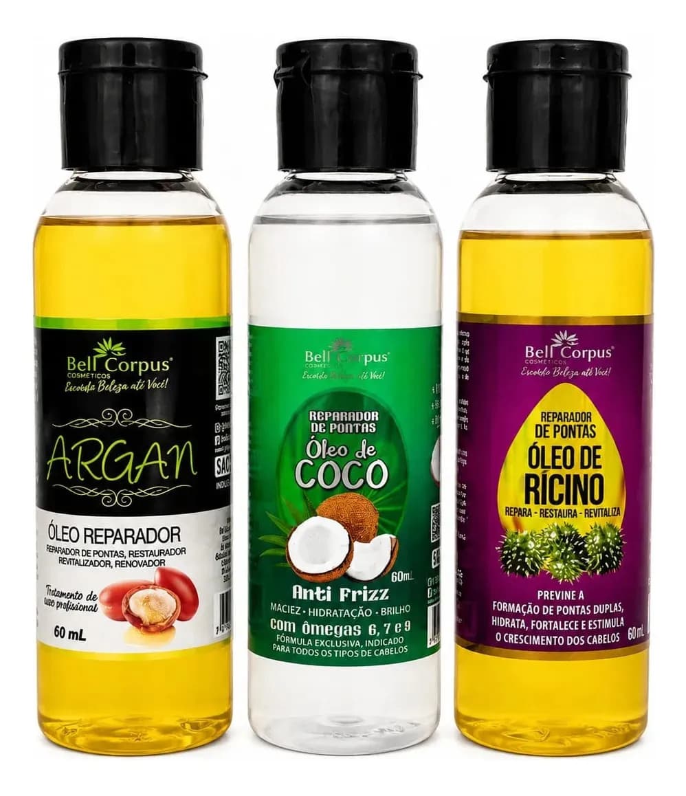 Super Combo Óleos De Argam + Óleo Ricino + Óleo Coco 60ml