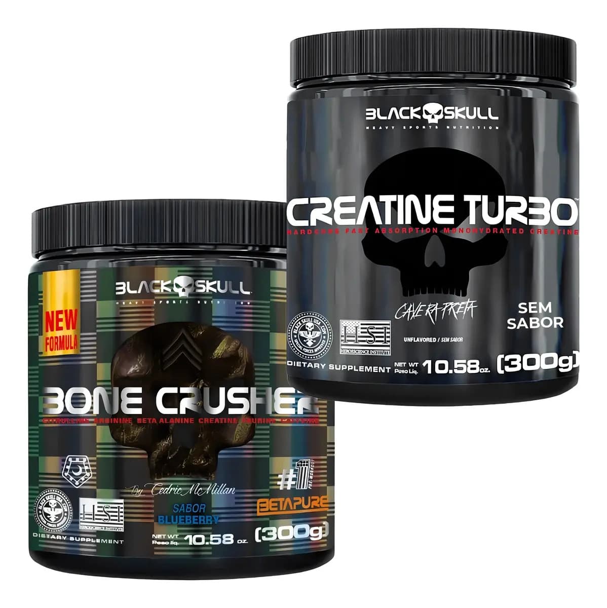 Kit Creatina Black Skull 300g e Pré Treino Sabor Limão