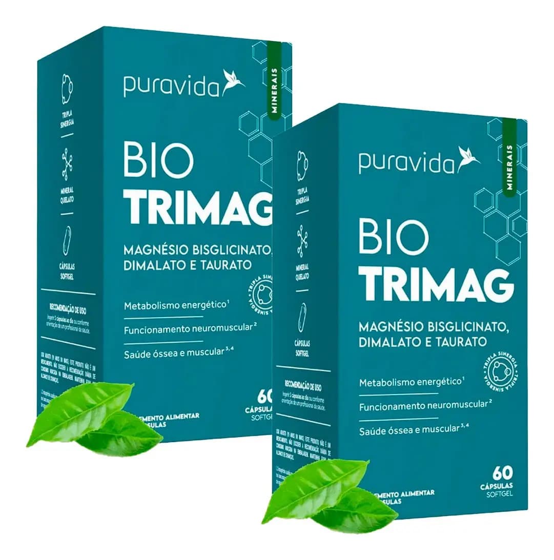 Pura Vida Bio TriMag Magnésio Cápsulas Spirulina 120 Kit 2x60