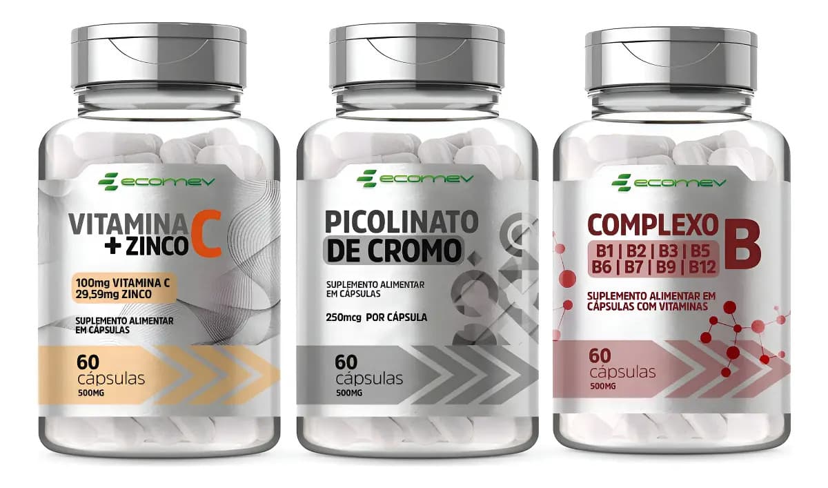 Kit Complexo B + Vitamina C + Zinco + Picolinato Cromo 180cp Sabor Sem sabor