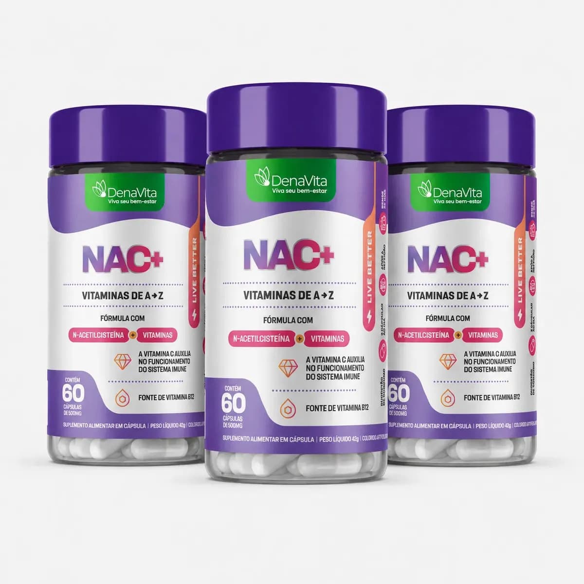 Kit 3x Nac Com Vitaminas De A- Z, Multivitamínico - Denavita Kit Nac Com Multivitamínico