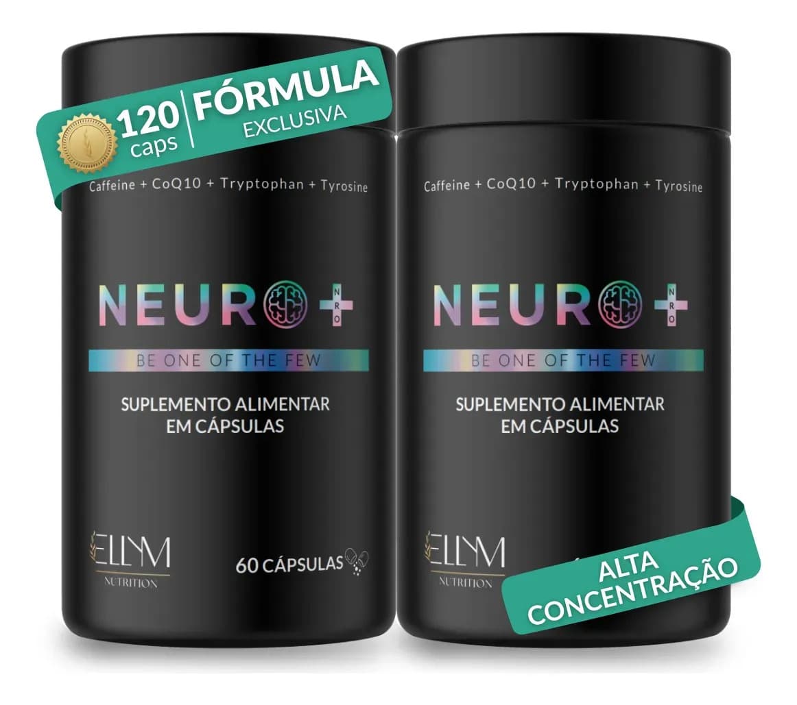 Kit 2 Neuro+ 60 Capsulas Nootropico Energético Foco Cafeina Taurina Magnesio Triptofano Taurina B12 L-Tirosina B3 B9 Memoria Energia Triptofano Vitaminas D Coenzima Q10 Ellym Nutrition