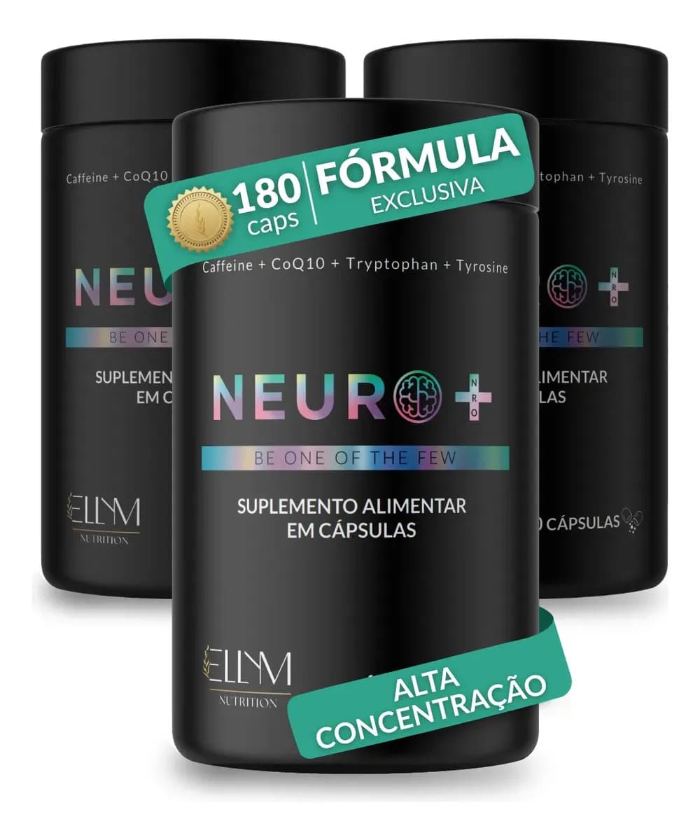 Kit 3 Neuro+ 60 Capsulas Nootropico Energético Foco Cafeina Taurina Magnesio Triptofano Taurina B12 L-Tirosina B3 B9 Memoria Energia Triptofano Vitaminas D Coenzima Q10 Ellym Nutrition