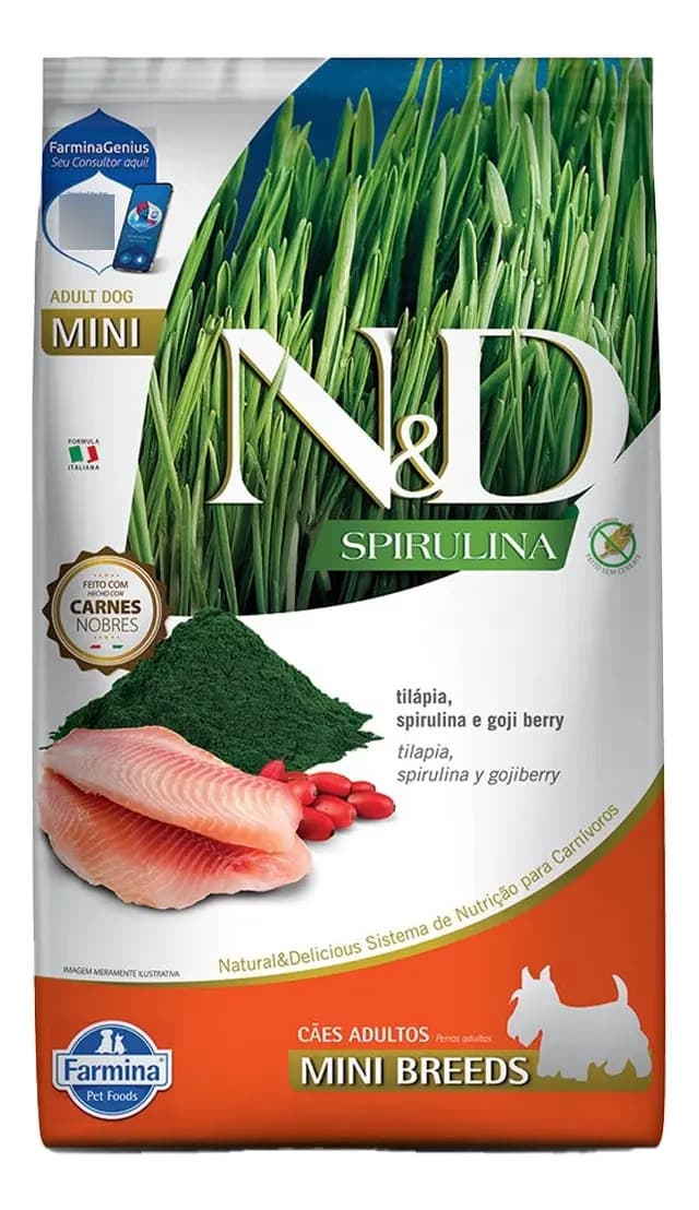Ração N&D Spirulina Cães Adultos Mini Tilapia, Spirulina E Goji Berry 2kg Pele Saudável