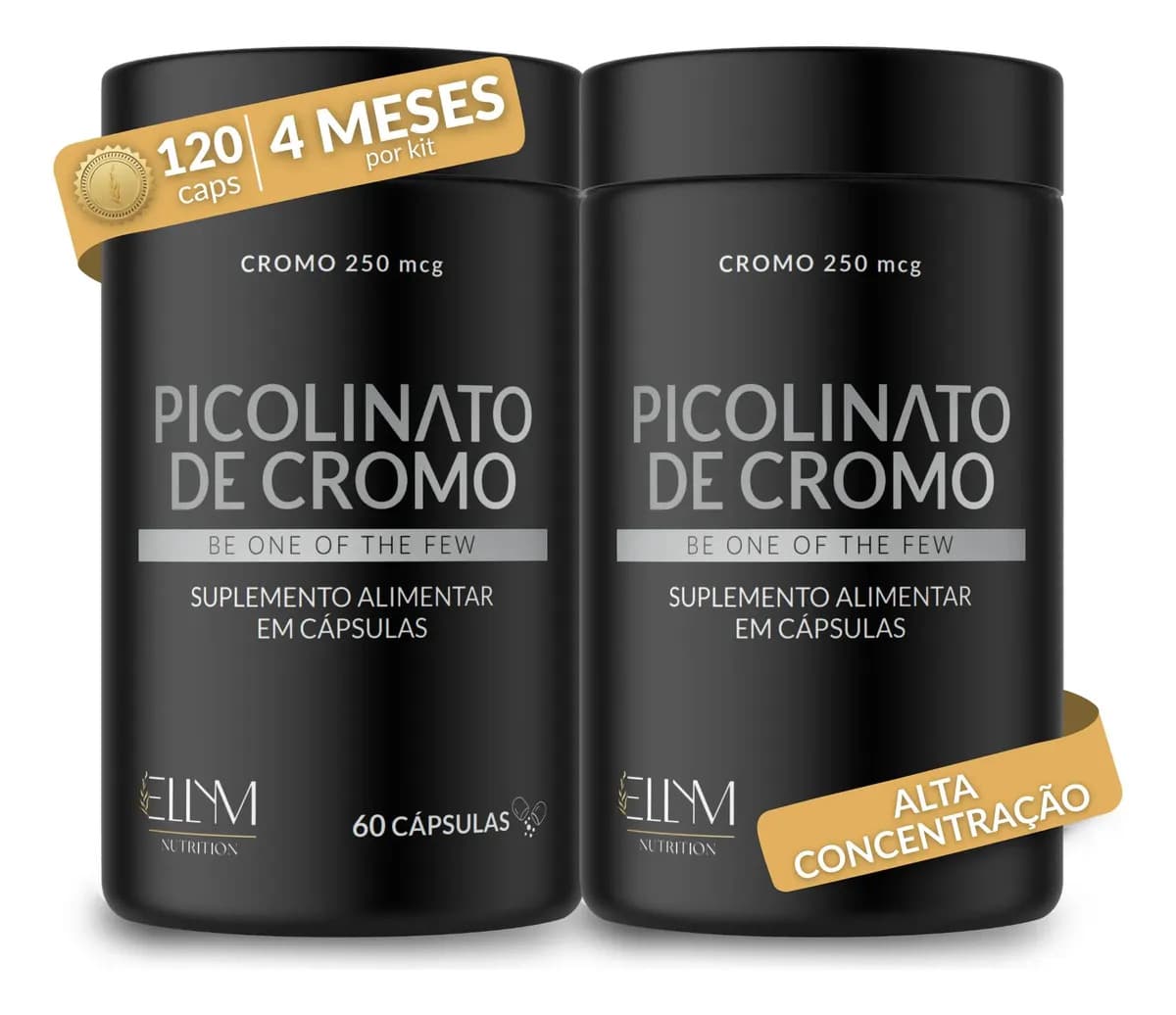 Kit 2 Picolinato Cromo 250mcg Puro 60 Cápsulas Dose Maxima 2 Meses Alta Concentração Sem Sabor Ellym Nutrition