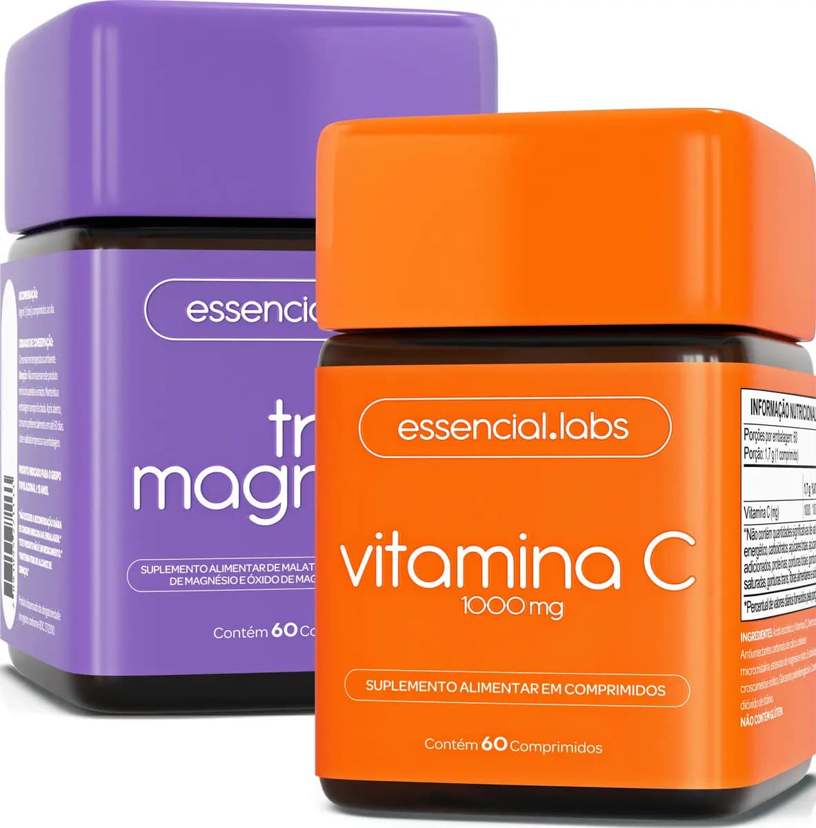 KIT TRI MAGNÉSIO contendo Magnésio Dimalato + Magnésio Bisglicinato + Óxido de Magnésio - 60 comprimidos + VITAMINA C 1000mg - 60 doses